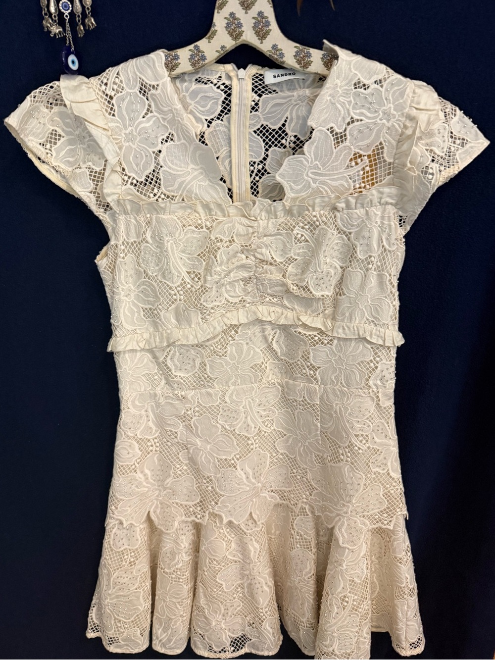 SANDRO Paris Lyrella Lace Floral Lace Dress with Embroidered Appliqué
